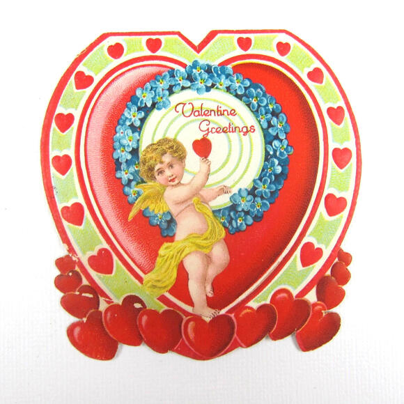 Other - Vintage Valentine Card Diecut Blonde Cupid Target Red Heart Bullseye Blue Flower